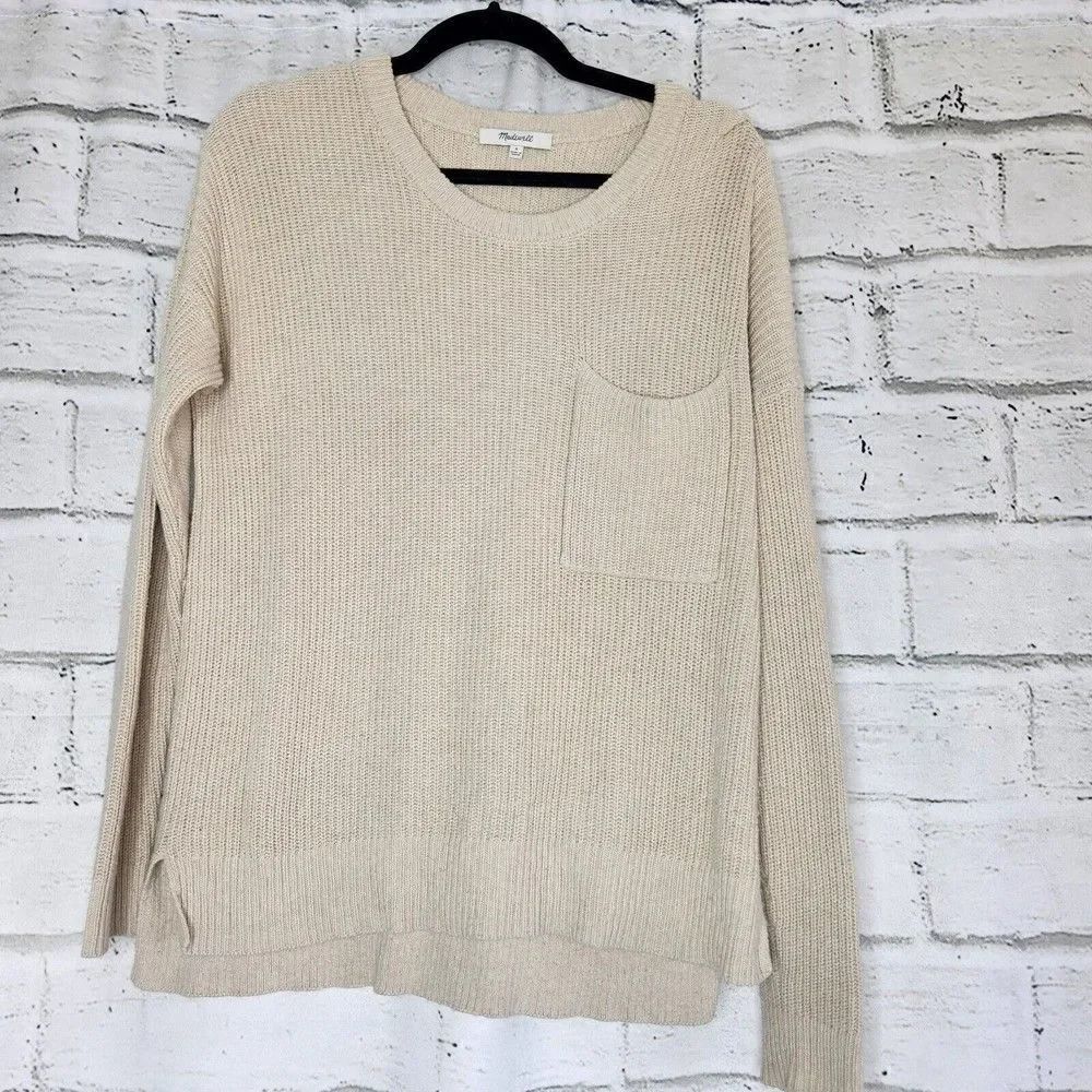 Madewell Sz Small Thompson Pocket Pullover Tan Oatmeal Knit Boxy Sweater